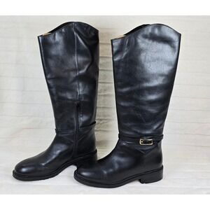 Arezzo Black Leather Riding Boots Knee High Side Zip Buckle Detail Women Size 6B